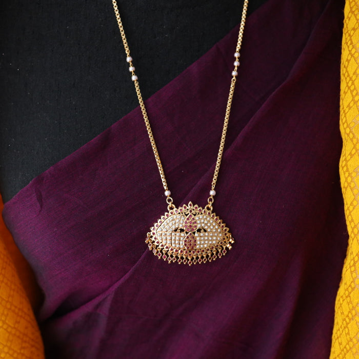 Heritage gold plated ruby stone and pearl padakam long chain 7665312