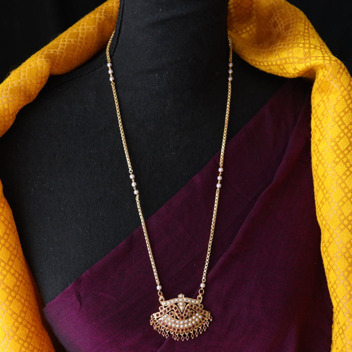 Heritage gold plated ruby stone and pearl padakam long chain 7665315