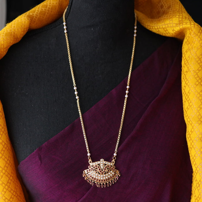 Heritage gold plated ruby stone and pearl padakam long chain 7665315