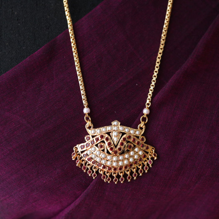 Heritage gold plated ruby stone and pearl padakam long chain 7665315