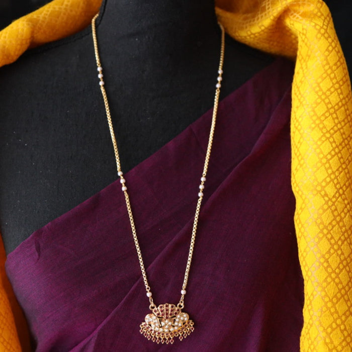 Heritage gold plated ruby stone and pearl padakam chain 76778