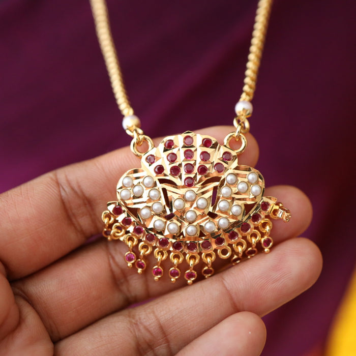 Heritage gold plated ruby stone and pearl padakam chain 76778