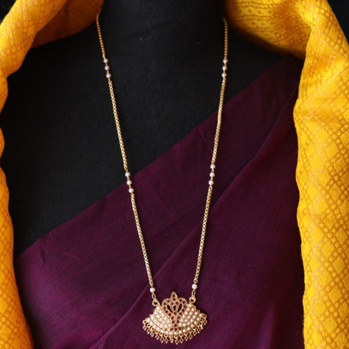 Heritage gold plated ruby stone and pearl padakam chain 76779