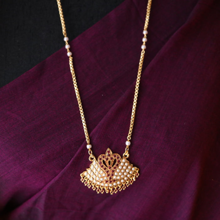 Heritage gold plated ruby stone and pearl padakam chain 76779