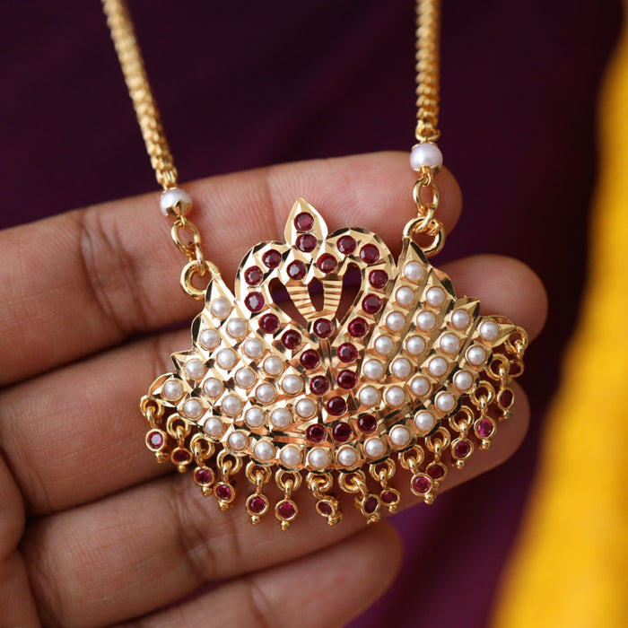 Heritage gold plated ruby stone and pearl padakam chain 76779