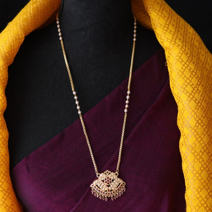 Heritage gold plated ruby stone and pearl padakam long chain 767814