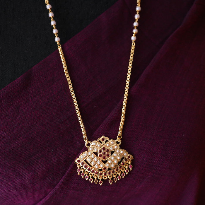 Heritage gold plated ruby stone and pearl padakam long chain 767814