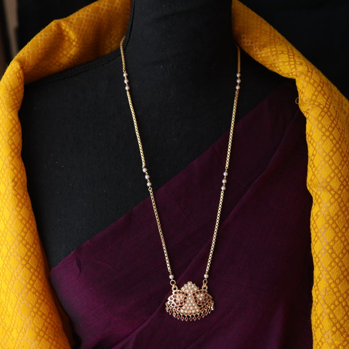 Heritage gold plated ruby stone and pearl padakam long chain 566690