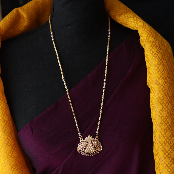 Heritage gold plated ruby stone and pearl padakam long chain 566690