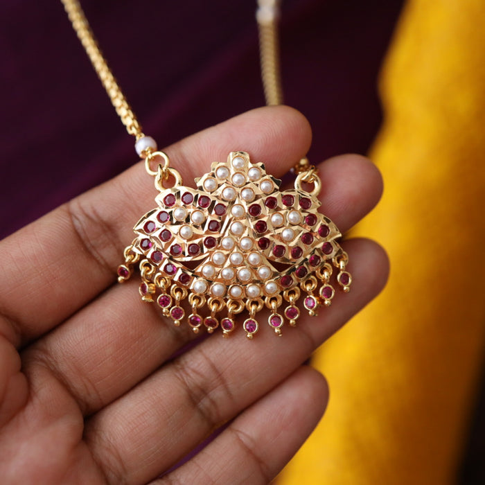 Heritage gold plated ruby stone and pearl padakam long chain 566690