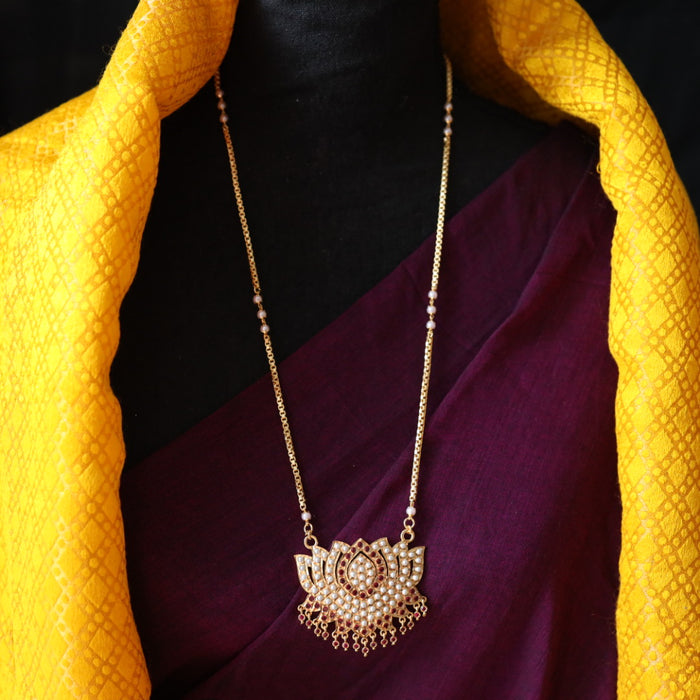 Heritage gold plated ruby stone and pearl padakam long chain 767820