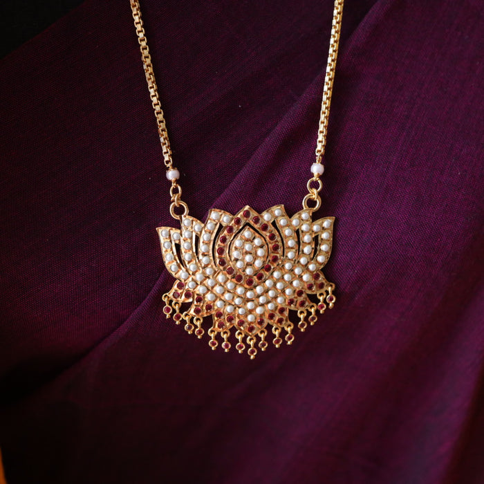 Heritage gold plated ruby stone and pearl padakam long chain 767820