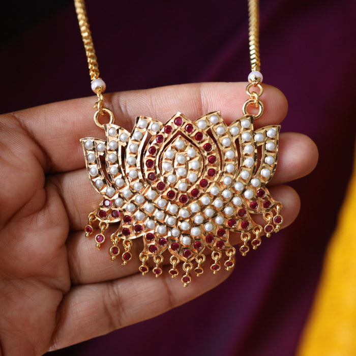 Heritage gold plated ruby stone and pearl padakam long chain 767820