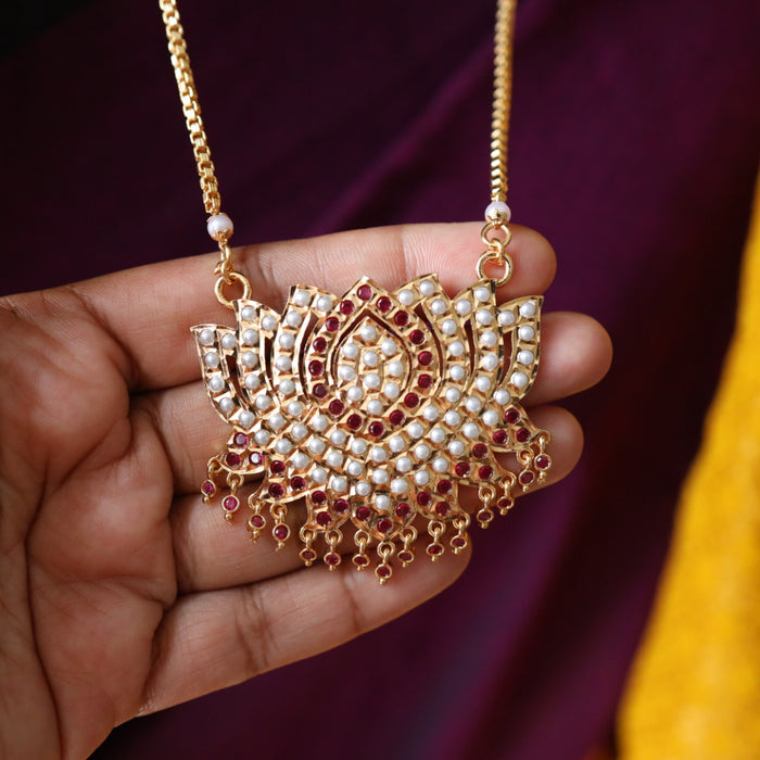 Heritage gold plated ruby stone and pearl padakam long chain 767820