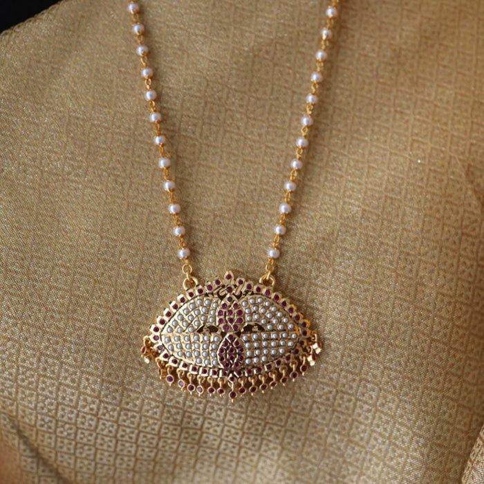 Heritage gold plated ruby stone and pearl padakam long chain 7665317