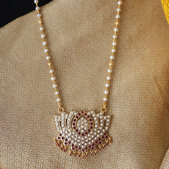 Heritage gold plated ruby stone and pearl padakam long chain 76781