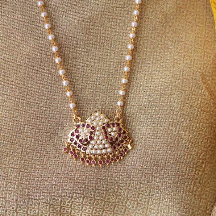 Heritage gold plated ruby stone and pearl padakam long chain 767812