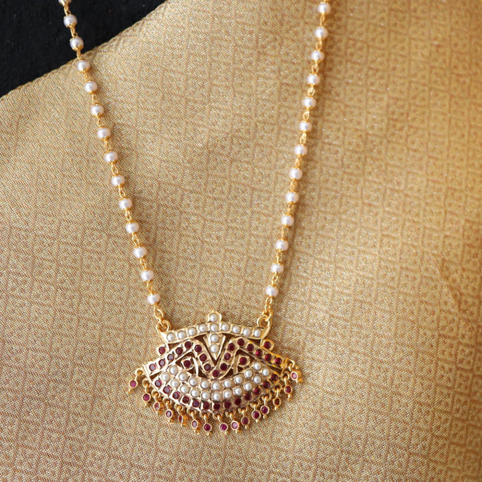 Heritage gold plated ruby stone and pearl padakam long chain 767817