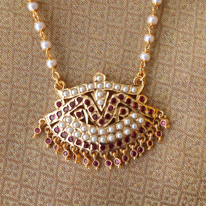 Heritage gold plated ruby stone and pearl padakam long chain 767817