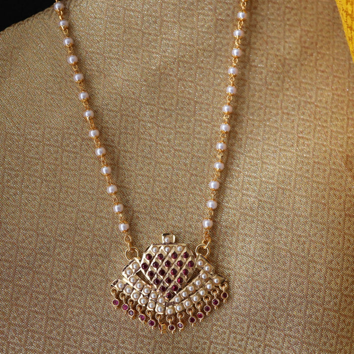 Heritage gold plated ruby stone and pearl padakam long chain 767818