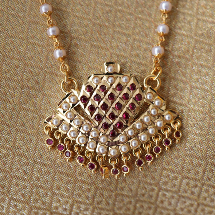 Heritage gold plated ruby stone and pearl padakam long chain 767818