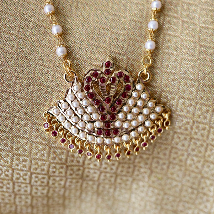 Heritage gold plated ruby stone and pearl padakam long chain 566688