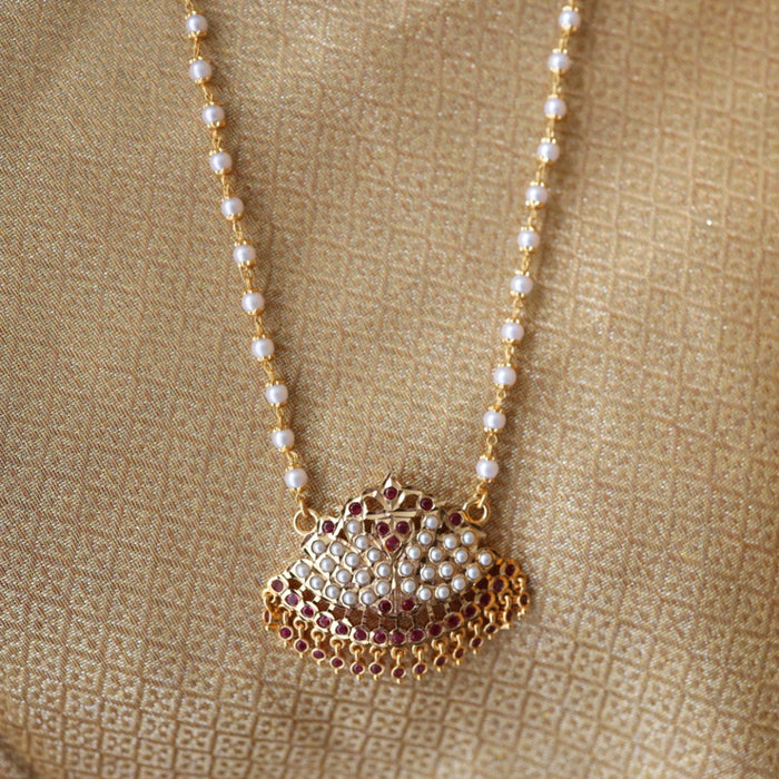 Heritage gold plated ruby stone and pearl long chain 566696