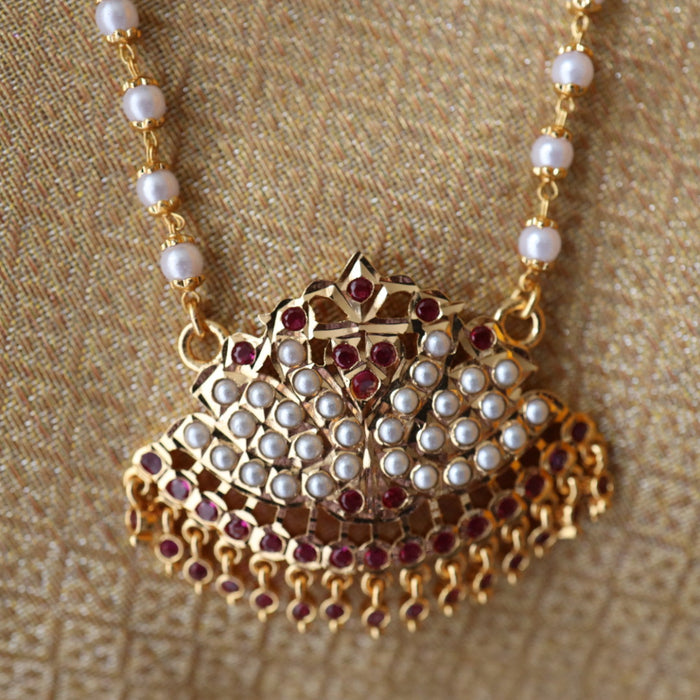 Heritage gold plated ruby stone and pearl long chain 566696