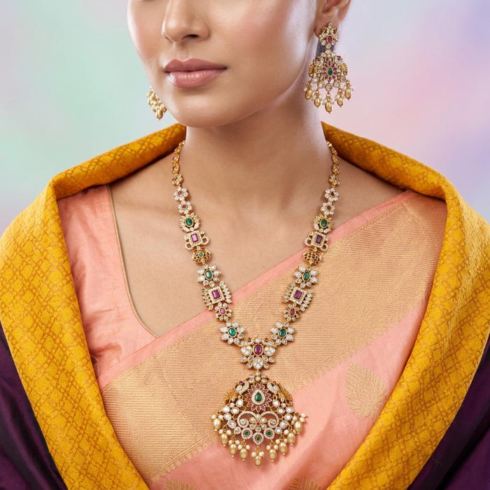Antique gold temple long necklace and earrings LL02016