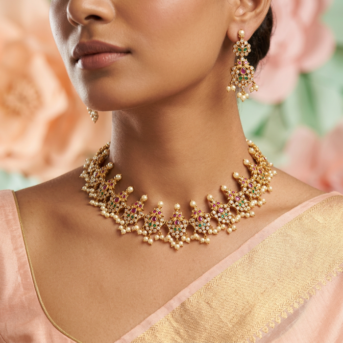 Antique gold temple short necklace and earrings SS12004