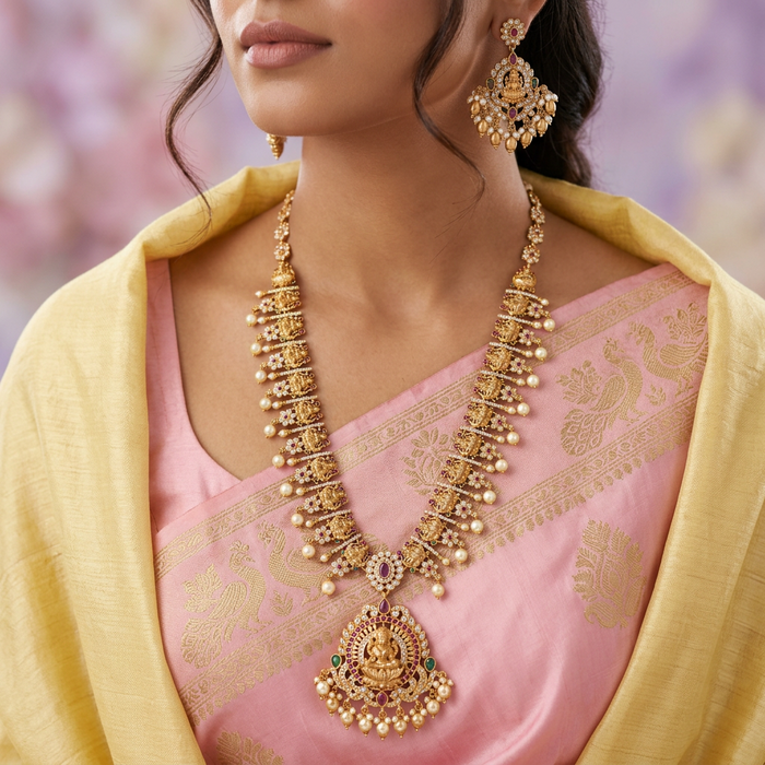 Antique gold temple design long necklace with earrings LL02014