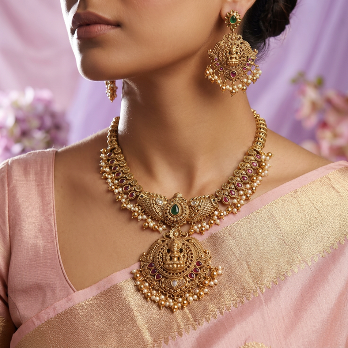 Antique gold temple short necklace and earrings S1B1233