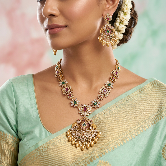 Antique stone short necklace with earrings 14890