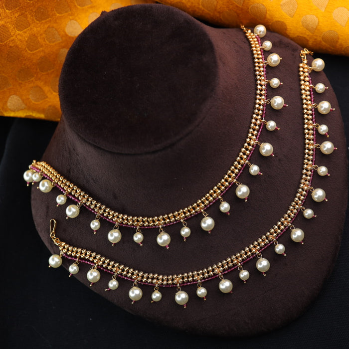 Antique gold and pearl traditional payal 443396