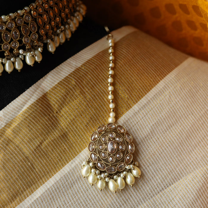 Trendy pearl bead short necklace with earrings and tikka TW66