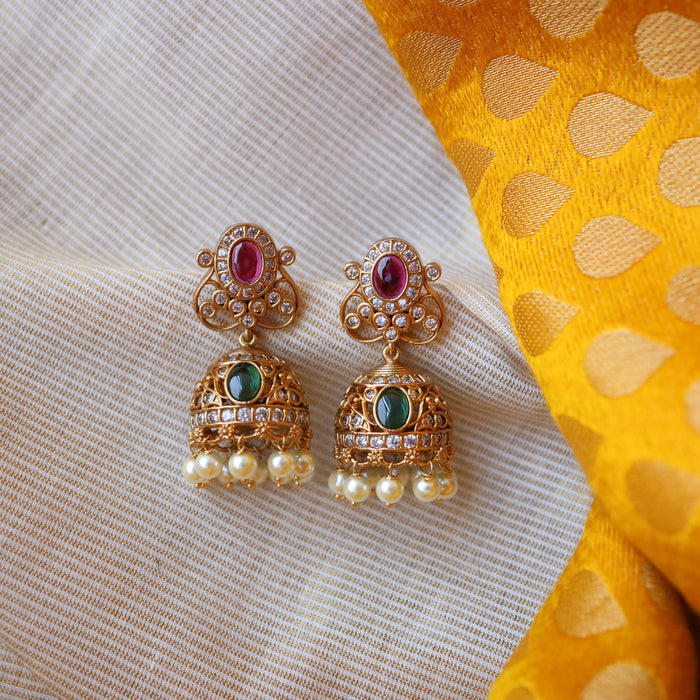 Antique gold multi stone and pearl jumka earrings AJ14