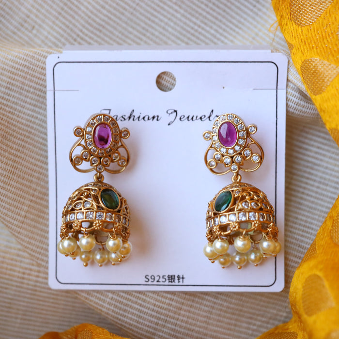 Antique gold multi stone and pearl jumka earrings AJ14