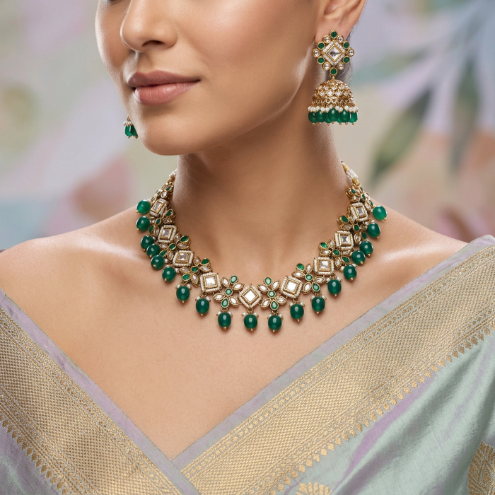 Trendy green pearl short necklace with earrings and tikka TG223