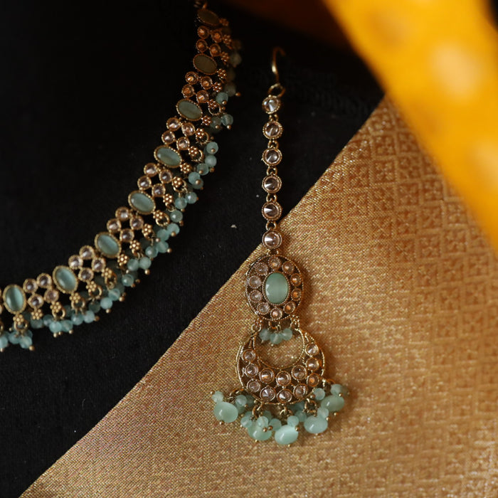 Trendy mint bead short necklace with earrings and tikka 146584