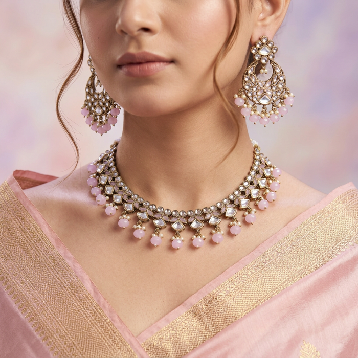 Trendy pink bead short necklace with earrings and tikka TP334