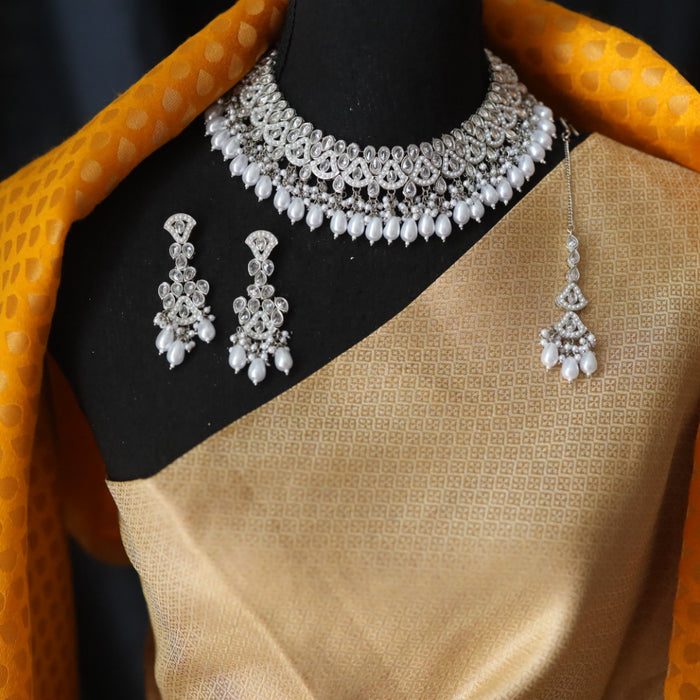 Clearance silver choker necklace with earrings and tikka 165785