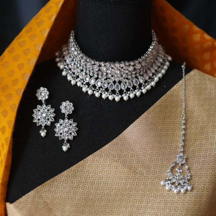 Clearance silver choker necklace with earrings and tikka 1657756
