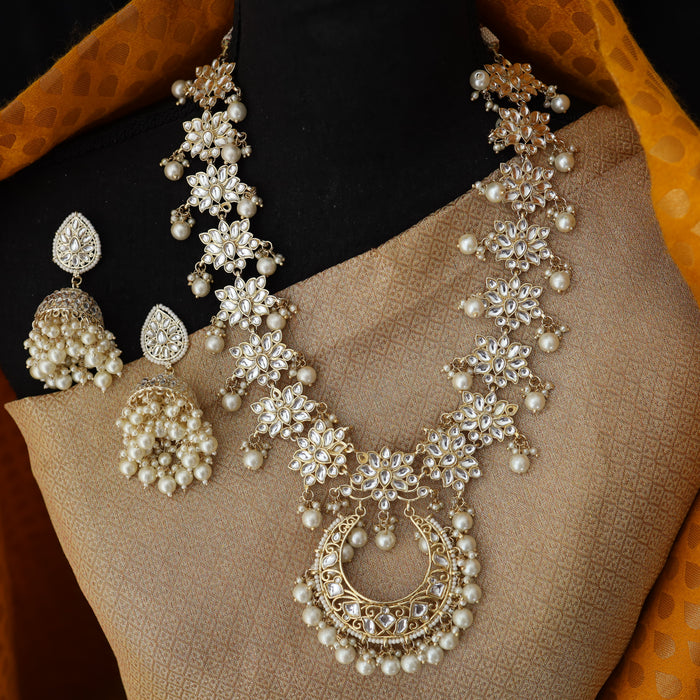 Heera white stone and pearl long necklace with earrings 3827632