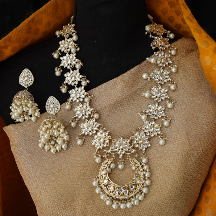 Heera white stone and pearl long necklace with earrings 3827632