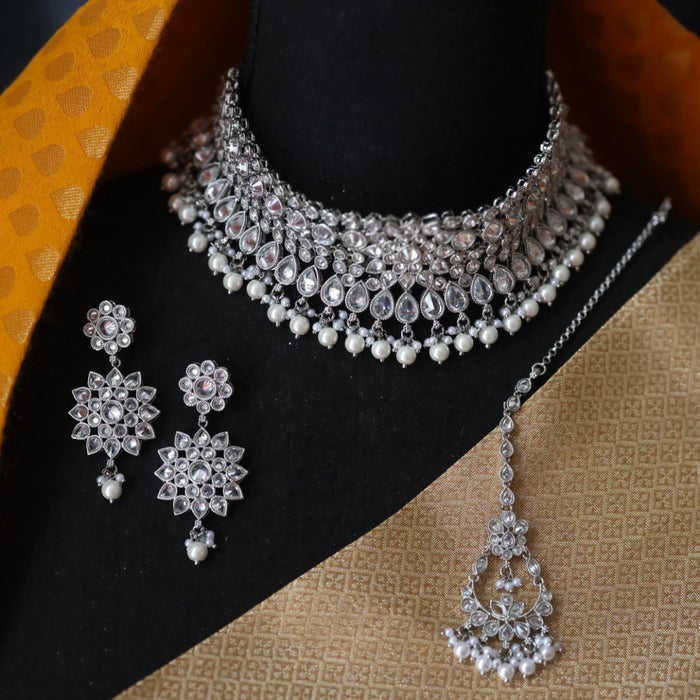 Clearance silver choker necklace with earrings and tikka 1657756