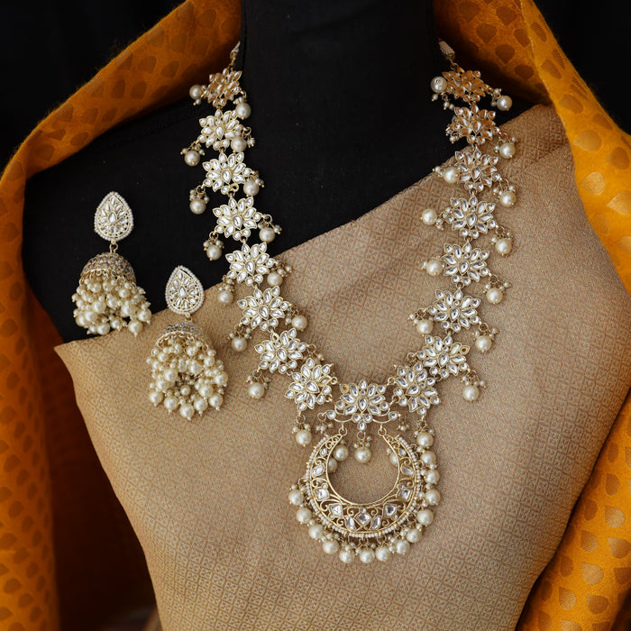 Heera white stone and pearl long necklace with earrings 3827632