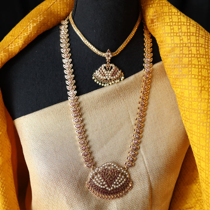 Heritage gold plated ruby stone and pearl padakam set with jumka 767819