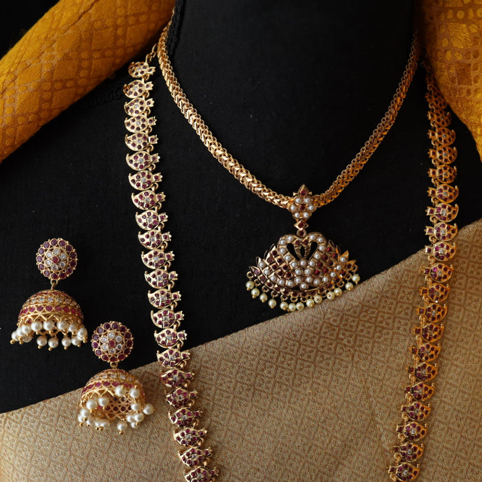 Heritage gold plated ruby stone and pearl padakam set with jumka 767819