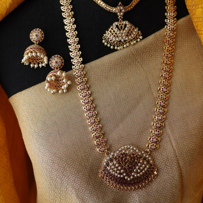 Heritage gold plated ruby stone and pearl padakam set with jumka 767819