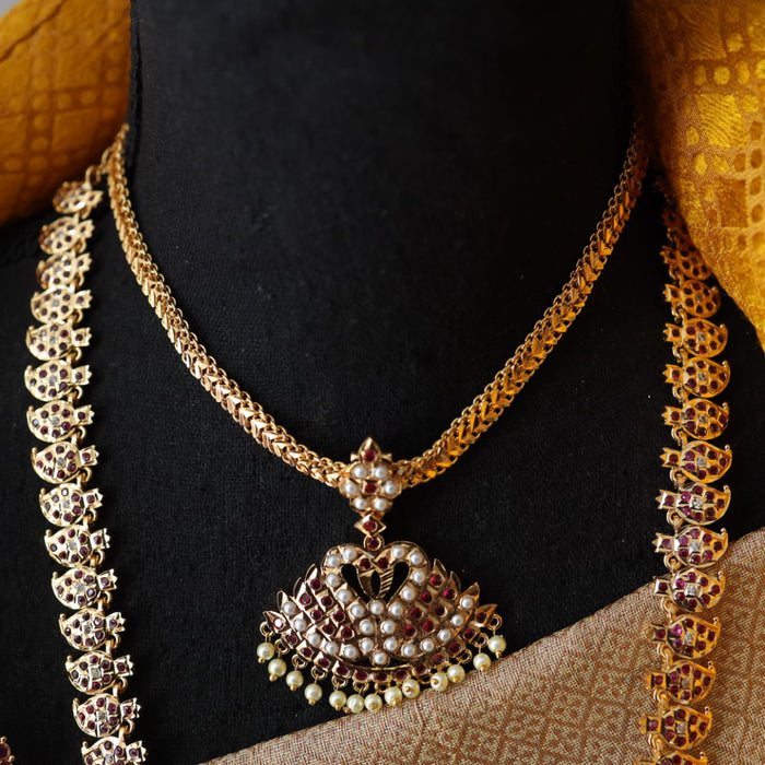 Heritage gold plated ruby stone and pearl padakam set with jumka 767819